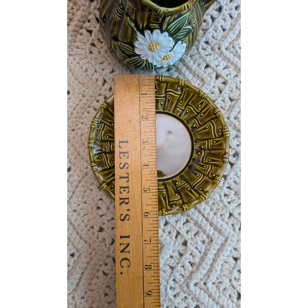Vintage Japan Olive Green Bamboo Ceramic Creamer Saucer Set Daisy‎ Dragonfly
